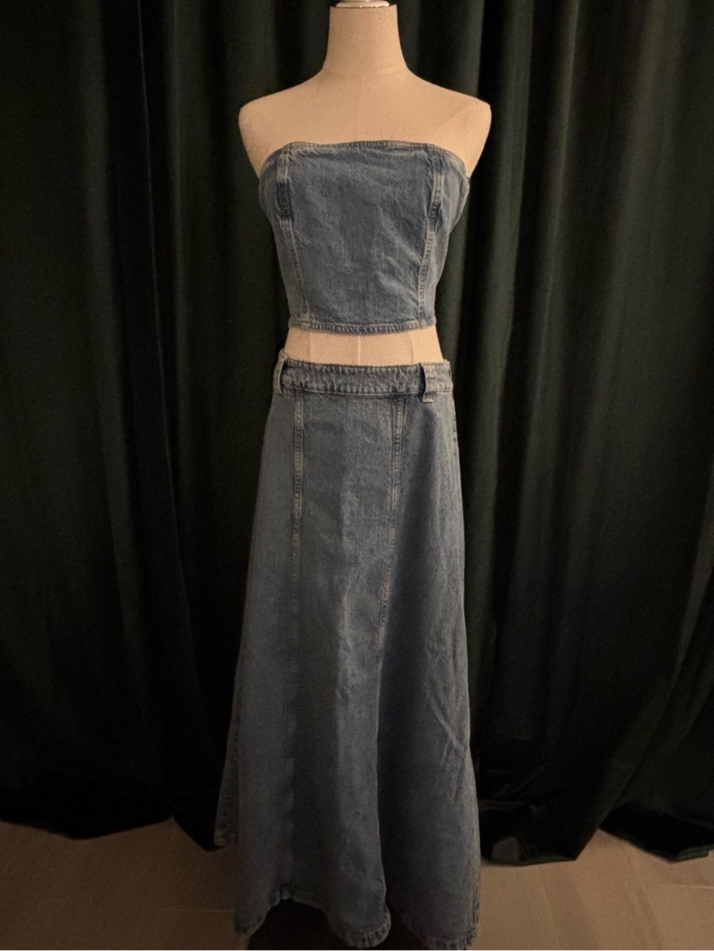 Zara Denim A-Line Maxi Skirt and Matching Strapless Denim Top Set